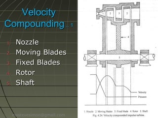 Velocity
Compounding .. 1
1.
2.
3.

4.
5.

Nozzle
Moving Blades
Fixed Blades
Rotor
Shaft

msstevesimon@gmail.com

 