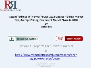 Steam Turbines in Thermal Power, 2013 Update – Global Market
Size, Average Pricing, Equipment Market Share to 2020

by
Global data

Explore all reports for “Power” market
@
http://www.rnrmarketresearch.com/reports/ener
gy-power/energy/power.
© RnRMarketResearch.com ;
sales@rnrmarketresearch.com ;
+1 888 391 5441

 