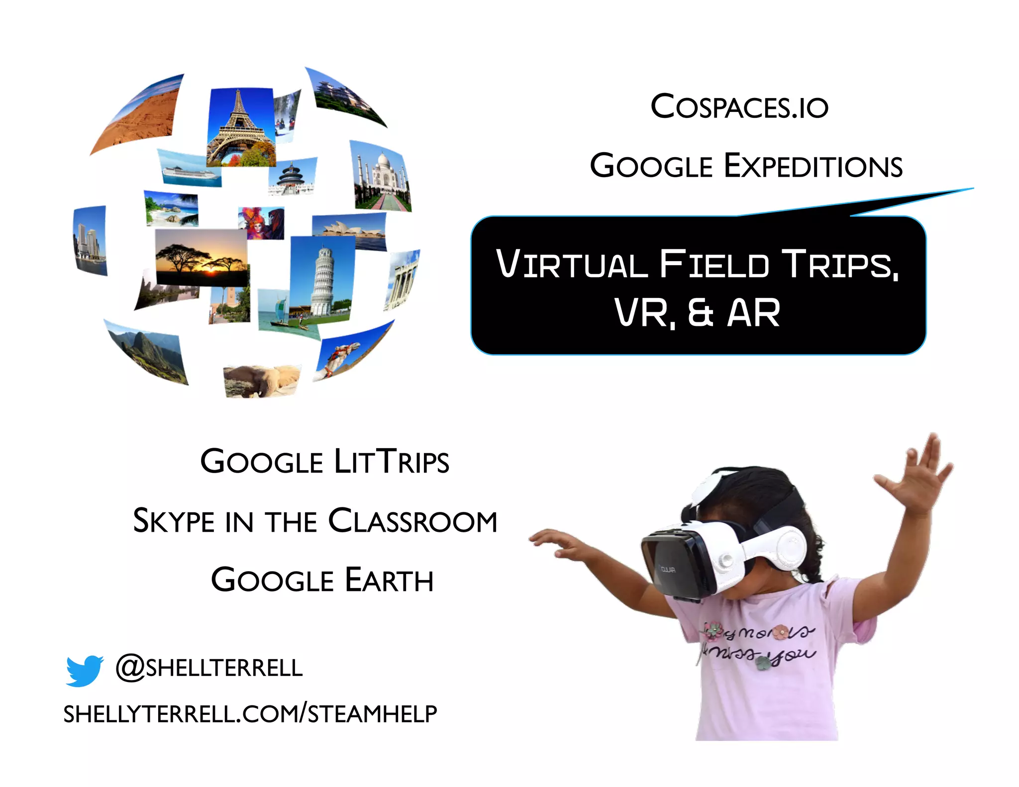 GOOGLE LITTRIPS
GOOGLE EARTH
GOOGLE EXPEDITIONS
SKYPE IN THE CLASSROOM
COSPACES.IO
VIRTUAL FIELD TRIPS,
VR, & AR
SHELLYTERRELL.COM/STEAMHELP
@SHELLTERRELL
 