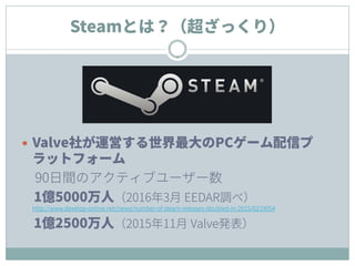 Steamとは？（超ざっくり）
 Valve社が運営する世界最大のPCゲーム配信プ
ラットフォーム
90日間のアクティブユーザー数
1億5000万人（2016年3月 EEDAR調べ）
http://www.develop-online.net/news/number-of-steam-releases-doubled-in-2015/0219054
1億2500万人（2015年11月 Valve発表）
 