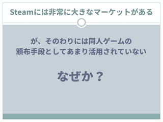 Steamには非常に大きなマーケットがある
が、そのわりには同人ゲームの
頒布手段としてあまり活用されていない
なぜか？
 