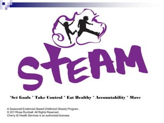 *Set Goals * Take Control * Eat Healthy * Accountability * Move

A Seasoned Evidenced Based Childhood Obesity Program..
© 2011Rose Rumball. All Rights Reserved.
Cherry St Health Services is an authorized licensee.
 