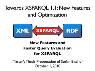 Towards XSPARQL 1.1: New Features
         and Optimization

     XML          XSPARQL             RDF
             New Features and
          Faster Query Evaluation
               for XSPARQL

   Master’s Thesis Presentation of Stefan Bischof
                 October 1, 2010
 