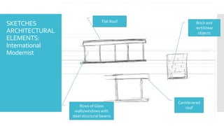 SKETCHES
ARCHITECTURAL
ELEMENTS:
International
Modernist
Flat Roof Brick and
rectilinear
objects
Cantilevered
roofRows of Glass
walls/windows with
steel structural beams
 