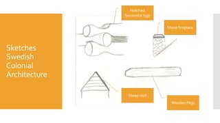 Sketches
Swedish
Colonial
Architecture
Notched
horizontal logs
Steep roof
Wooden Pegs
Stone fireplace
 