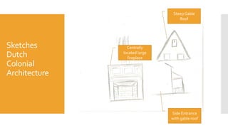 Sketches
Dutch
Colonial
Architecture
Centrally
located large
fireplace
Steep Gable
Roof
Side Entrance
with gable roof
 