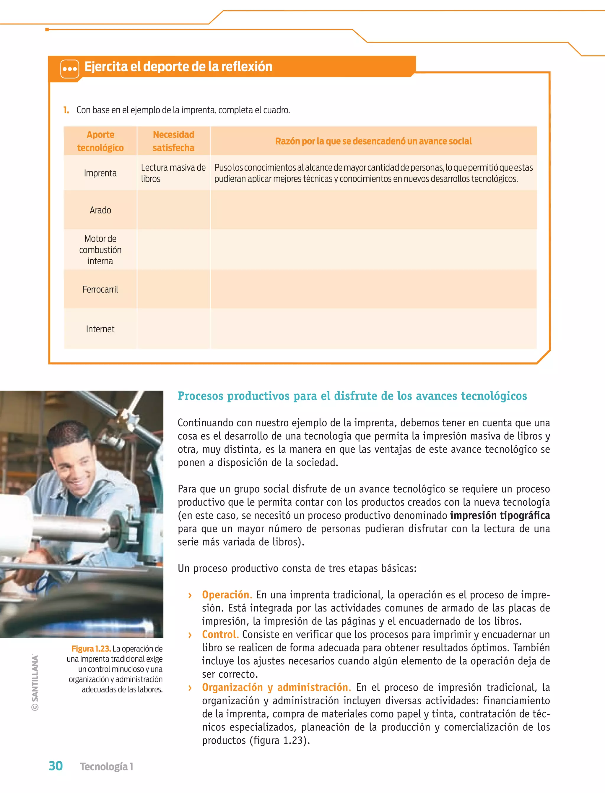 30 Tecnología 1
Procesos productivos para el disfrute de los avances tecnológicos
Continuando con nuestro ejemplo de la imprenta, debemos tener en cuenta que una
cosa es el desarrollo de una tecnología que permita la impresión masiva de libros y
otra, muy distinta, es la manera en que las ventajas de este avance tecnológico se
ponen a disposición de la sociedad.
Para que un grupo social disfrute de un avance tecnológico se requiere un proceso
productivo que le permita contar con los productos creados con la nueva tecnología
(en este caso, se necesitó un proceso productivo denominado impresión tipográﬁca
para que un mayor número de personas pudieran disfrutar con la lectura de una
serie más variada de libros).
Un proceso productivo consta de tres etapas básicas:
› Operación. En una imprenta tradicional, la operación es el proceso de impre-
sión. Está integrada por las actividades comunes de armado de las placas de
impresión, la impresión de las páginas y el encuadernado de los libros.
› Control. Consiste en verificar que los procesos para imprimir y encuadernar un
libro se realicen de forma adecuada para obtener resultados óptimos. También
incluye los ajustes necesarios cuando algún elemento de la operación deja de
ser correcto.
› Organización y administración. En el proceso de impresión tradicional, la
organización y administración incluyen diversas actividades: financiamiento
de la imprenta, compra de materiales como papel y tinta, contratación de téc-
nicos especializados, planeación de la producción y comercialización de los
productos (figura 1.23).
1. Con base en el ejemplo de la imprenta, completa el cuadro.
Aporte
tecnológico
Necesidad
satisfecha
Razón por la que se desencadenó un avance social
Imprenta
Lectura masiva de
libros
Pusolosconocimientosalalcancedemayorcantidaddepersonas,loquepermitióqueestas
pudieran aplicar mejores técnicas y conocimientos en nuevos desarrollos tecnológicos.
Arado
Motor de
combustión
interna
Ferrocarril
Internet
Figura 1.23. La operación de
una imprenta tradicional exige
un control minucioso y una
organización y administración
adecuadas de las labores.
Ejercita el deporte de la reﬂexión
Tecnologia 1-p2.indd 30Tecnologia 1-p2.indd 30 4/12/12 11:40 AM4/12/12 11:40 AM
 