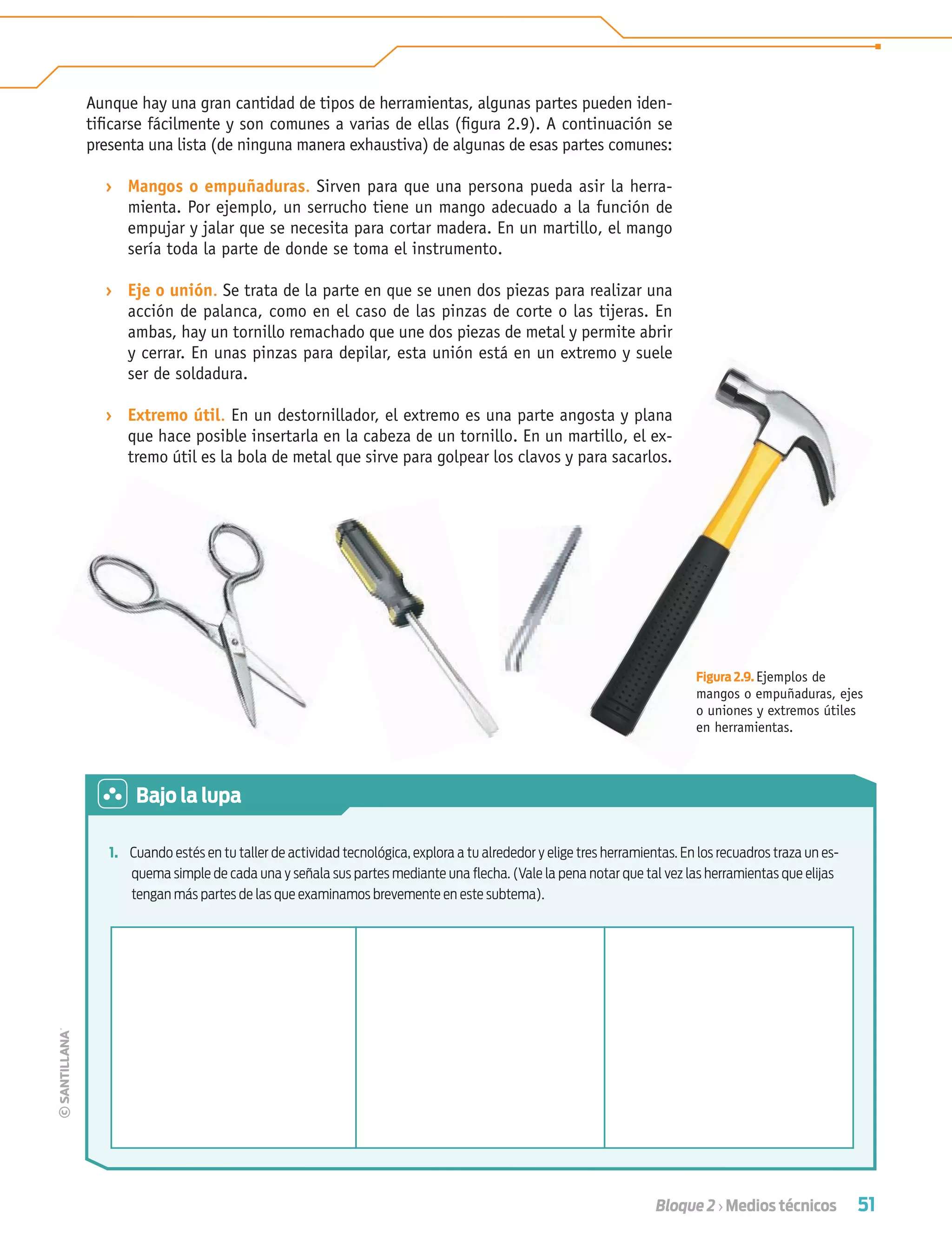 51Bloque 2 › Medios técnicos
Aunque hay una gran cantidad de tipos de herramientas, algunas partes pueden iden-
tiﬁcarse fácilmente y son comunes a varias de ellas (ﬁgura 2.9). A continuación se
presenta una lista (de ninguna manera exhaustiva) de algunas de esas partes comunes:
› Mangos o empuñaduras. Sirven para que una persona pueda asir la herra-
mienta. Por ejemplo, un serrucho tiene un mango adecuado a la función de
empujar y jalar que se necesita para cortar madera. En un martillo, el mango
sería toda la parte de donde se toma el instrumento.
› Eje o unión. Se trata de la parte en que se unen dos piezas para realizar una
acción de palanca, como en el caso de las pinzas de corte o las tijeras. En
ambas, hay un tornillo remachado que une dos piezas de metal y permite abrir
y cerrar. En unas pinzas para depilar, esta unión está en un extremo y suele
ser de soldadura.
› Extremo útil. En un destornillador, el extremo es una parte angosta y plana
que hace posible insertarla en la cabeza de un tornillo. En un martillo, el ex-
tremo útil es la bola de metal que sirve para golpear los clavos y para sacarlos.s.
Figura 2.9. Ejemplos de
mangos o empuñaduras, ejes
o uniones y extremos útiles
en herramientas.
1. Cuando estés en tu taller de actividad tecnológica, explora a tu alrededor y elige tres herramientas. En los recuadros traza un es-
quema simple de cada una y señala sus partes mediante una ﬂecha. (Vale la pena notar que tal vez las herramientas que elijas
tengan más partes de las que examinamos brevemente en este subtema).
Bajo la lupa
Tecnologia 1-p4.indd 51Tecnologia 1-p4.indd 51 4/12/12 11:42 AM4/12/12 11:42 AM
 