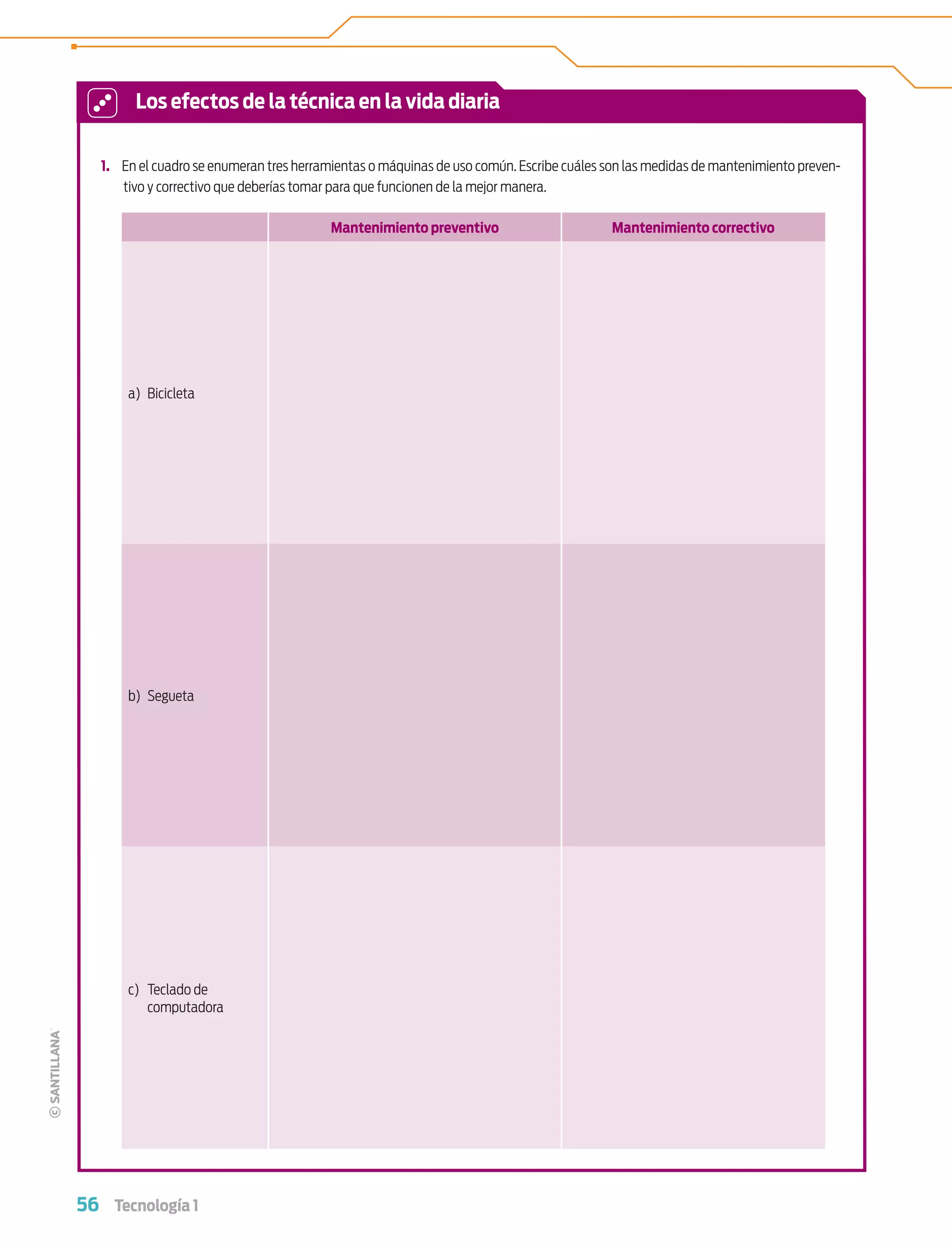 56 Tecnología 1
1. En el cuadro se enumeran tres herramientas o máquinas de uso común. Escribe cuáles son las medidas de mantenimiento preven-
tivo y correctivo que deberías tomar para que funcionen de la mejor manera.
Mantenimiento preventivo Mantenimiento correctivo
a) Bicicleta
b) Segueta
c) Teclado de
computadora
Los efectos de la técnica en la vida diaria
Tecnologia 1-p4.indd 56Tecnologia 1-p4.indd 56 4/12/12 11:42 AM4/12/12 11:42 AM
 