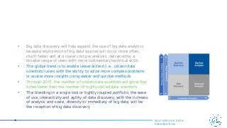 • Big data discovery will help expand the use of big data analytics
because exploration of big data sources will occur more often,
much faster and at a lower cost per analysis, delivered by a
broader range of users with more rudimentary technical skills
• The global trend is to enable lesser skilled (i.e., citizen data
scientists) users with the ability to solve more complex problems
or access more insights using easier and quicker methods
• Through 2017, the number of citizen data scientists will grow five
times faster than the number of highly skilled data scientists
• The blending in a single tool or tightly coupled portfolio, the ease
of use, interactivity and agility of data discovery, with the richness
of analysis and scale, diversity or immediacy of big data, will be
the inception of big data discovery
SELF-SERVICE DATA
PREPARATION
 