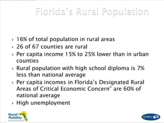  16% of total population in rural areas
 26 of 67 counties are rural
 Per capita income 15% to 25% lower than in urban
counties
 Rural population with high school diploma is 7%
less than national average
 Per capita incomes in Florida’s Designated Rural
Areas of Critical Economic Concern” are 60% of
national average
 High unemployment
 