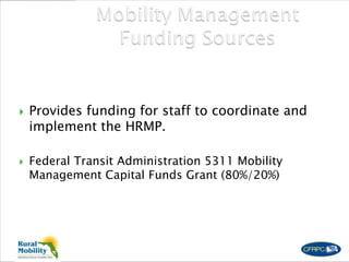  Provides funding for staff to coordinate and
implement the HRMP.
 Federal Transit Administration 5311 Mobility
Management Capital Funds Grant (80%/20%)
 