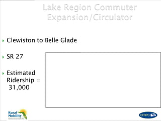  Clewiston to Belle Glade
 SR 27
 Estimated
Ridership =
31,000
 