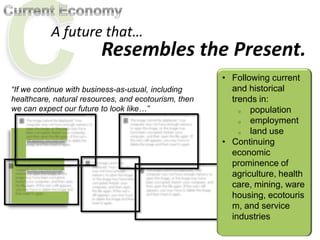 A future that…
Resembles the Present.
“If we continue with business-as-usual, including
healthcare, natural resources, and ecotourism, then
we can expect our future to look like…”
• Following current
and historical
trends in:
o population
o employment
o land use
• Continuing
economic
prominence of
agriculture, health
care, mining, ware
housing, ecotouris
m, and service
industries
 