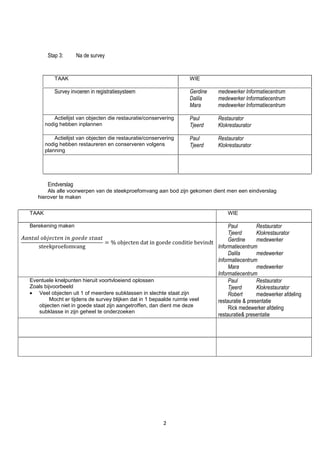 Stap 3:       Na de survey


           TAAK                                                      WIE

           Survey invoeren in registratiesysteem                     Gerdine   medewerker Informatiecentrum
                                                                     Dalila    medewerker Informatiecentrum
                                                                     Mara      medewerker Informatiecentrum

           Actielijst van objecten die restauratie/conservering      Paul      Restaurator
       nodig hebben inplannen                                        Tjeerd    Klokrestaurator

           Actielijst van objecten die restauratie/conservering      Paul      Restaurator
       nodig hebben restaureren en conserveren volgens               Tjeerd    Klokrestaurator
       planning




        Eindverslag
       Als alle voorwerpen van de steekproefomvang aan bod zijn gekomen dient men een eindverslag
   hierover te maken


TAAK                                                                               WIE

Berekening maken                                                                    Paul         Restaurator
                                                                                    Tjeerd       Klokrestaurator
                                                                                    Gerdine      medewerker
                                                                               Informatiecentrum
                                                                                    Dalila       medewerker
                                                                               Informatiecentrum
                                                                                    Mara         medewerker
                                                                               Informatiecentrum
Eventuele knelpunten hieruit voortvloeiend oplossen                                 Paul         Restaurator
Zoals bijvoorbeeld                                                                  Tjeerd       Klokrestaurator
   Veel objecten uit 1 of meerdere subklassen in slechte staat zijn                 Robert       medewerker afdeling
         Mocht er tijdens de survey blijken dat in 1 bepaalde ruimte veel      restauratie & presentatie
   objecten niet in goede staat zijn aangetroffen, dan dient me deze                Rick medewerker afdeling
   subklasse in zijn geheel te onderzoeken
                                                                               restauratie& presentatie




                                                          2
 