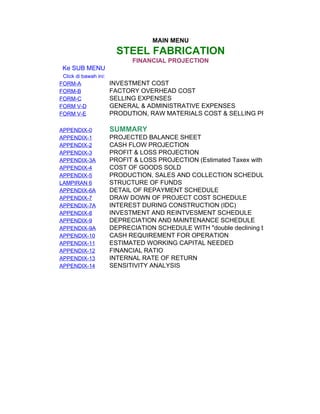 MAIN MENU
                         STEEL FABRICATION
                              FINANCIAL PROJECTION
 Ke SUB MENU
 Click di bawah ini:
FORM-A                 INVESTMENT COST
FORM-B                 FACTORY OVERHEAD COST
FORM-C                 SELLING EXPENSES
FORM V-D               GENERAL & ADMINISTRATIVE EXPENSES
FORM V-E               PRODUTION, RAW MATERIALS COST & SELLING PRICE (Rp/MT)

APPENDIX-0             SUMMARY
APPENDIX-1             PROJECTED BALANCE SHEET
APPENDIX-2             CASH FLOW PROJECTION
APPENDIX-3             PROFIT & LOSS PROJECTION
APPENDIX-3A            PROFIT & LOSS PROJECTION (Estimated Taxex with Double Declining Ba
APPENDIX-4             COST OF GOODS SOLD
APPENDIX-5             PRODUCTION, SALES AND COLLECTION SCHEDULE
LAMPIRAN 6             STRUCTURE OF FUNDS
APPENDIX-6A            DETAIL OF REPAYMENT SCHEDULE
APPENDIX-7             DRAW DOWN OF PROJECT COST SCHEDULE
APPENDIX-7A            INTEREST DURING CONSTRUCTION (IDC)
APPENDIX-8             INVESTMENT AND REINTVESMENT SCHEDULE
APPENDIX-9             DEPRECIATION AND MAINTENANCE SCHEDULE
APPENDIX-9A            DEPRECIATION SCHEDULE WITH "double declining balance method" FOR
APPENDIX-10            CASH REQUIREMENT FOR OPERATION
APPENDIX-11            ESTIMATED WORKING CAPITAL NEEDED
APPENDIX-12            FINANCIAL RATIO
APPENDIX-13            INTERNAL RATE OF RETURN
APPENDIX-14            SENSITIVITY ANALYSIS
 