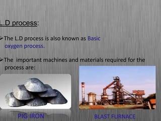 L.D process:
The L.D process is also known as Basic
oxygen process.
The important machines and materials required for the
process are:
PIG IRON BLAST FURNACE
 