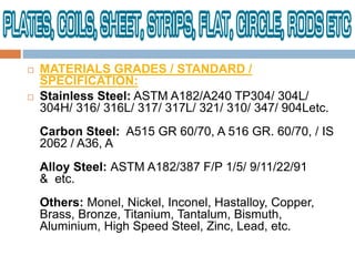  MATERIALS GRADES / STANDARD /
SPECIFICATION:
 Stainless Steel: ASTM A182/A240 TP304/ 304L/
304H/ 316/ 316L/ 317/ 317L/ 321/ 310/ 347/ 904Letc.
Carbon Steel: A515 GR 60/70, A 516 GR. 60/70, / IS
2062 / A36, A
Alloy Steel: ASTM A182/387 F/P 1/5/ 9/11/22/91
& etc.
Others: Monel, Nickel, Inconel, Hastalloy, Copper,
Brass, Bronze, Titanium, Tantalum, Bismuth,
Aluminium, High Speed Steel, Zinc, Lead, etc.
 