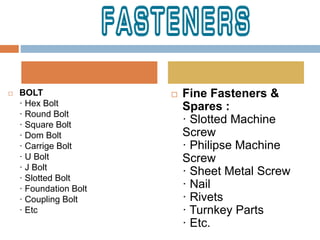  BOLT
· Hex Bolt
· Round Bolt
· Square Bolt
· Dom Bolt
· Carrige Bolt
· U Bolt
· J Bolt
· Slotted Bolt
· Foundation Bolt
· Coupling Bolt
· Etc
 Fine Fasteners &
Spares :
· Slotted Machine
Screw
· Philipse Machine
Screw
· Sheet Metal Screw
· Nail
· Rivets
· Turnkey Parts
· Etc.
 
