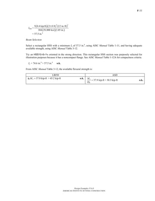 F-33
Design Examples V14.0
AMERICAN INSTITUTE OF STEEL CONSTRUCTION
Imin =
( )( ) ( )
( )( )
4 3
5 0.4 kip/ft 21.0 ft 12 in./ft
384 29,000 ksi 1.05 in.
= 57.5 in.4
Beam Selection
Select a rectangular HSS with a minimum Ix of 57.5 in.4
, using AISC Manual Table 1-11, and having adequate
available strength, using AISC Manual Table 3-12.
Try an HSS10×6×x oriented in the strong direction. This rectangular HSS section was purposely selected for
illustration purposes because it has a noncompact flange. See AISC Manual Table 1-12A for compactness criteria.
Ix = 74.6 in.4
> 57.5 in.4
o.k.
From AISC Manual Table 3-12, the available flexural strength is:
LRFD ASD
57.0 kip-ftb nMφ = > 45.2 kip-ft o.k.
37.9 kip-ft
n
b
M
=
Ω
> 30.3 kip-ft o.k.
Return to Table of Contents
 