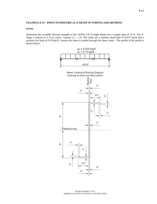 F-63
Design Examples V14.0
AMERICAN INSTITUTE OF STEEL CONSTRUCTION
EXAMPLE F.14 POINT-SYMMETRICAL Z-SHAPE IN STRONG-AXIS BENDING
Given:
Determine the available flexural strength of the ASTM A36 Z-shape shown for a simple span of 18 ft. The Z-
shape is braced at 6 ft on center. Assume Cb = 1.0. The loads are a uniform dead load of 0.025 kip/ft and a
uniform live load of 0.10 kip/ft. Assume the beam is loaded through the shear center. The profile of the purlin is
shown below.
Return to Table of Contents
 