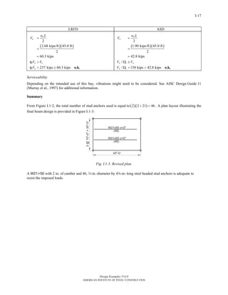 Design Examples V14.0
AMERICAN INSTITUTE OF STEEL CONSTRUCTION
I-17
LRFD ASD
( )( )
2
2.68 kips/ft 45.0 ft
2
60.3 kips
237 kips 60.3 kips
u
u
v n u
v n
w L
V
V V
V
=
=
=
φ >
φ = ≥ o.k.
( )( )
2
1.90 kips/ft 45.0 ft
2
42.8 kips
/
/ 158 kips 42.8 kips
a
a
n v a
n v
w L
V
V V
V
=
=
=
Ω ≥
Ω = > o.k.
Serviceability
Depending on the intended use of this bay, vibrations might need to be considered. See AISC Design Guide 11
(Murray et al., 1997) for additional information.
Summary
From Figure I.1-2, the total number of stud anchors used is equal to( )( )2 2 21 46+ = . A plan layout illustrating the
final beam design is provided in Figure I.1-3:
Fig. I.1-3. Revised plan.
A W21×50 with 2 in. of camber and 46, w-in.-diameter by 4d-in.-long steel headed stud anchors is adequate to
resist the imposed loads.
Return to Table of Contents
 