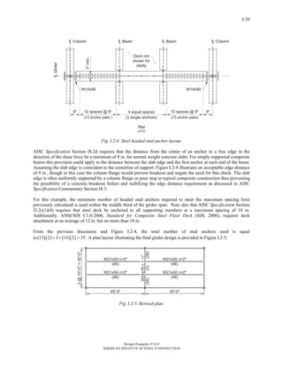 Design Examples V14.0
AMERICAN INSTITUTE OF STEEL CONSTRUCTION
I-29
Fig. I.2-4. Steel headed stud anchor layout.
AISC Specification Section I8.2d requires that the distance from the center of an anchor to a free edge in the
direction of the shear force be a minimum of 8 in. for normal weight concrete slabs. For simply-supported composite
beams this provision could apply to the distance between the slab edge and the first anchor at each end of the beam.
Assuming the slab edge is coincident to the centerline of support, Figure I.2-4 illustrates an acceptable edge distance
of 9 in., though in this case the column flange would prevent breakout and negate the need for this check. The slab
edge is often uniformly supported by a column flange or pour stop in typical composite construction thus preventing
the possibility of a concrete breakout failure and nullifying the edge distance requirement as discussed in AISC
Specification Commentary Section I8.3.
For this example, the minimum number of headed stud anchors required to meet the maximum spacing limit
previously calculated is used within the middle third of the girder span. Note also that AISC Specification Section
I3.2c(1)(4) requires that steel deck be anchored to all supporting members at a maximum spacing of 18 in.
Additionally, ANSI/SDI C1.0-2006, Standard for Composite Steel Floor Deck (SDI, 2006), requires deck
attachment at an average of 12 in. but no more than 18 in.
From the previous discussion and Figure I.2-4, the total number of stud anchors used is equal
to ( )( ) ( )( )13 2 3 13 2 55+ + = . A plan layout illustrating the final girder design is provided in Figure I.2-5.
Fig. I.2-5. Revised plan.
Return to Table of Contents
 