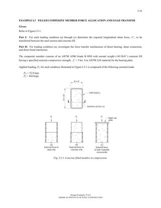 Design Examples V14.0
AMERICAN INSTITUTE OF STEEL CONSTRUCTION
I-35
EXAMPLE I.3 FILLED COMPOSITE MEMBER FORCE ALLOCATION AND LOAD TRANSFER
Given:
Refer to Figure I.3-1.
Part I: For each loading condition (a) through (c) determine the required longitudinal shear force, rV ′ , to be
transferred between the steel section and concrete fill.
Part II: For loading condition (a), investigate the force transfer mechanisms of direct bearing, shear connection,
and direct bond interaction.
The composite member consists of an ASTM A500 Grade B HSS with normal weight ( 3
145 lb/ft ) concrete fill
having a specified concrete compressive strength, cf ′ = 5 ksi. Use ASTM A36 material for the bearing plate.
Applied loading, Pr, for each condition illustrated in Figure I.3-1 is composed of the following nominal loads:
PD = 32.0 kips
PL = 84.0 kips
Fig. I.3-1. Concrete filled member in compression.
Return to Table of Contents
 