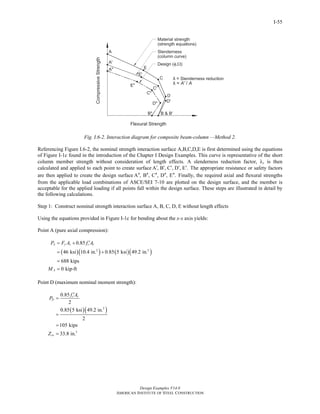 Design Examples V14.0
AMERICAN INSTITUTE OF STEEL CONSTRUCTION
I-55
Fig. I.6-2. Interaction diagram for composite beam-column —Method 2.
Referencing Figure I.6-2, the nominal strength interaction surface A,B,C,D,E is first determined using the equations
of Figure I-1c found in the introduction of the Chapter I Design Examples. This curve is representative of the short
column member strength without consideration of length effects. A slenderness reduction factor, λ, is then
calculated and applied to each point to create surface A , B , C , D , E .′ ′ ′ ′ ′ The appropriate resistance or safety factors
are then applied to create the design surface A , B , C , D , E .′′ ′′ ′′ ′′ ′′ Finally, the required axial and flexural strengths
from the applicable load combinations of ASCE/SEI 7-10 are plotted on the design surface, and the member is
acceptable for the applied loading if all points fall within the design surface. These steps are illustrated in detail by
the following calculations.
Step 1: Construct nominal strength interaction surface A, B, C, D, E without length effects
Using the equations provided in Figure I-1c for bending about the x-x axis yields:
Point A (pure axial compression):
( )( ) ( )( )2 2
0.85
46 ksi 10.4 in. 0.85 5 ksi 49.2 in.
688 kips
0 kip-ft
A y s c c
A
P F A f A
M
′= +
= +
=
=
Point D (maximum nominal moment strength):
( )( )2
3
0.85
2
0.85 5 ksi 49.2 in.
2
105 kips
33.8 in.
c c
D
sx
f A
P
Z
′
=
=
=
=
Return to Table of Contents
 