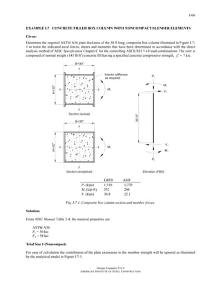 Design Examples V14.0
AMERICAN INSTITUTE OF STEEL CONSTRUCTION
I-66
EXAMPLE I.7 CONCRETE FILLED BOX COLUMN WITH NONCOMPACT/SLENDER ELEMENTS
Given:
Determine the required ASTM A36 plate thickness of the 30 ft long, composite box column illustrated in Figure I.7-
1 to resist the indicated axial forces, shears and moments that have been determined in accordance with the direct
analysis method of AISC Specification Chapter C for the controlling ASCE/SEI 7-10 load combinations. The core is
composed of normal weight (145 lb/ft3
) concrete fill having a specified concrete compressive strength, cf ′ = 7 ksi.
LRFD ASD
Pr (kips) 1,310 1,370
Mr (kip-ft) 552 248
Vr (kips) 36.8 22.1
Fig. I.7-1. Composite box column section and member forces.
Solution:
From AISC Manual Table 2-4, the material properties are:
ASTM A36
Fy = 36 ksi
Fu = 58 ksi
Trial Size 1 (Noncompact)
For ease of calculation the contribution of the plate extensions to the member strength will be ignored as illustrated
by the analytical model in Figure I.7-1.
Return to Table of Contents
 