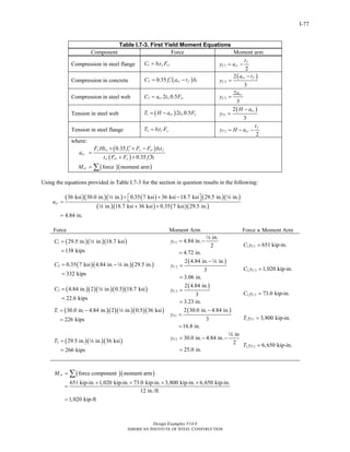 Design Examples V14.0
AMERICAN INSTITUTE OF STEEL CONSTRUCTION
I-77
Table I.7-3. First Yield Moment Equations
Component Force Moment arm
Compression in steel flange 1 i f crC b t F= 1
2
f
C cr
t
y a= −
Compression in concrete ( )2 0.35 c cr f iC f a t b′= −
( )
2
2
3
cr f
C
a t
y
−
=
Compression in steel web 3 2 0.5cr w crC a t F= 3
2
3
cr
C
a
y =
Tension in steel web ( )1 2 0.5cr w yT H a t F= −
( )
1
2
3
cr
T
H a
y
−
=
Tension in steel flange 2 i f yT b t F= 2
2
f
T cr
t
y H a= − −
where:
( )
( )
( )( )
0.35
0.35
force moment arm
y w c y cr i f
cr
w cr y c i
cr
F Ht f F F b t
a
t F F f b
M
′+ + −
=
′+ +
= ∑
Using the equations provided in Table I.7-3 for the section in question results in the following:
( )( )( ) ( ) ( )( )
( )( ) ( )( )
36 ksi 30.0 in. in. 0.35 7 ksi 36 ksi 18.7 ksi 29.5 in. in.
in. 18.7 ksi 36 ksi 0.35 7 ksi 29.5 in.
4.84 in.
cra
+ + −⎡ ⎤⎣ ⎦=
+ +
=
4 4
4
Force Moment Arm Force ~ Moment Arm
( )( )( )1 29.5 in. in. 18.7 ksi
138 kips
C =
=
4 1
in.
4.84 in.
2
4.72 in.
Cy = −
=
4
1 1 651 kip-in.CC y =
( )( )( )2 0.35 7 ksi 4.84 in. in. 29.5 in.
332 kips
C = −
=
4
( )
2
2 4.84 in. in.
3
3.06 in.
Cy
−
=
=
4
2 2 1,020 kip-in.CC y =
( )( )( )( )( )3 4.84 in. 2 in. 0.5 18.7 ksi
22.6 kips
C =
=
4
( )
3
2 4.84 in.
3
3.23 in.
Cy =
=
3 3 73.0 kip-in.CC y =
( )( )( )( )( )1 30.0 in. 4.84 in. 2 in. 0.5 36 ksi
226 kips
T = −
=
4 ( )
1
2 30.0 in. 4.84 in.
3
16.8 in.
Ty
−
=
=
1 1 3,800 kip-in.TT y =
( )( )( )2 29.5 in. in. 36 ksi
266 kips
T =
=
4 2
in
30.0 in. 4.84 in.
2
25.0 in.
Ty = − −
=
4
2 2 6,650 kip-in.TT y =
( )( )force component moment arm
651 kip-in. 1,020 kip-in. 73.0 kip-in. 3,800 kip-in. 6,650 kip-in.
12 in./ft
1,020 kip-ft
crM =
+ + + +
=
=
∑
Return to Table of Contents
 