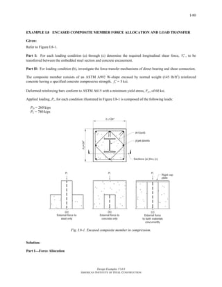 Design Examples V14.0
AMERICAN INSTITUTE OF STEEL CONSTRUCTION
I-80
EXAMPLE I.8 ENCASED COMPOSITE MEMBER FORCE ALLOCATION AND LOAD TRANSFER
Given:
Refer to Figure I.8-1.
Part I: For each loading condition (a) through (c) determine the required longitudinal shear force, rV ′ , to be
transferred between the embedded steel section and concrete encasement.
Part II: For loading condition (b), investigate the force transfer mechanisms of direct bearing and shear connection.
The composite member consists of an ASTM A992 W-shape encased by normal weight (145 lb/ft3
) reinforced
concrete having a specified concrete compressive strength, cf ′ = 5 ksi.
Deformed reinforcing bars conform to ASTM A615 with a minimum yield stress, Fyr, of 60 ksi.
Applied loading, Pr, for each condition illustrated in Figure I.8-1 is composed of the following loads:
PD = 260 kips
PL = 780 kips
Fig. I.8-1. Encased composite member in compression.
Solution:
Part I—Force Allocation
Return to Table of Contents
 