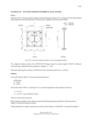 Design Examples V14.0
AMERICAN INSTITUTE OF STEEL CONSTRUCTION
I-100
EXAMPLE I.10 ENCASED COMPOSITE MEMBER IN AXIAL TENSION
Given:
Determine if the 14 ft long, encased composite member illustrated in Figure I.10-1 is adequate for the indicated dead
load compression and wind load tension. The entire load is applied to the encased steel section.
Fig. I.10-1. Encased composite member section and applied loading.
The composite member consists of an ASTM A992 W-shape encased by normal weight ( 3
145 lb/ft ) reinforced
concrete having a specified concrete compressive strength, cf ′ = 5 ksi.
Deformed reinforcing bars conform to ASTM A615 with a minimum yield stress, Fyr, of 60 ksi.
Solution:
From AISC Manual Table 2-4, the steel material properties are:
ASTM A992
Fy = 50 ksi
Fu = 65 ksi
From AISC Manual Table 1-1 and Figure I.10-1, the relevant properties of the composite section are:
2
2
13.3 in.
6.32 in. (area of eight No. 8 bars)
s
sr
A
A
=
=
Material and Detailing Limitations
Refer to Design Example I.9 for a check of material and detailing limitations specified in AISC Specification
Chapter I for encased composite members.
Taking compression as negative and tension as positive, from Chapter 2 of ASCE/SEI 7, the required strength is:
Return to Table of Contents
 