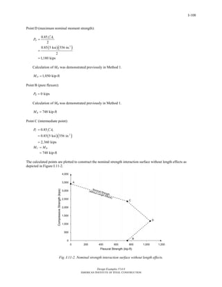 Design Examples V14.0
AMERICAN INSTITUTE OF STEEL CONSTRUCTION
I-108
Point D (maximum nominal moment strength):
( )( )2
0.85
2
0.85 5 ksi 556 in.
2
1,180 kips
c c
D
f A
P
′
=
=
=
Calculation of MD was demonstrated previously in Method 1.
1,050 kip-ftDM =
Point B (pure flexure):
0 kipsBP =
Calculation of MB was demonstrated previously in Method 1.
748 kip-ftBM =
Point C (intermediate point):
( )( )2
0.85
0.85 5 ksi 556 in.
2,360 kips
C c cP f A′=
=
=
748 kip-ft
C BM M=
=
The calculated points are plotted to construct the nominal strength interaction surface without length effects as
depicted in Figure I.11-2.
Fig. I.11-2. Nominal strength interaction surface without length effects.
Return to Table of Contents
 