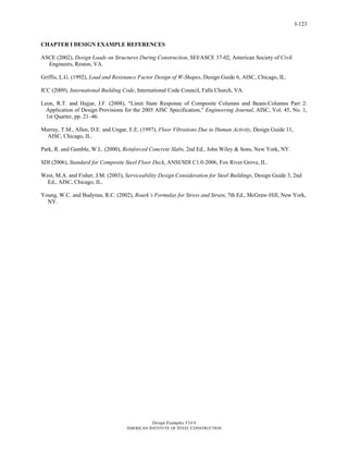 Design Examples V14.0
AMERICAN INSTITUTE OF STEEL CONSTRUCTION
I-123
CHAPTER I DESIGN EXAMPLE REFERENCES
ASCE (2002), Design Loads on Structures During Construction, SEI/ASCE 37-02, American Society of Civil
Engineers, Reston, VA.
Griffis, L.G. (1992), Load and Resistance Factor Design of W-Shapes, Design Guide 6, AISC, Chicago, IL.
ICC (2009), International Building Code, International Code Council, Falls Church, VA.
Leon, R.T. and Hajjar, J.F. (2008), “Limit State Response of Composite Columns and Beam-Columns Part 2:
Application of Design Provisions for the 2005 AISC Specification,” Engineering Journal, AISC, Vol. 45, No. 1,
1st Quarter, pp. 21–46.
Murray, T.M., Allen, D.E. and Ungar, E.E. (1997), Floor Vibrations Due to Human Activity, Design Guide 11,
AISC, Chicago, IL.
Park, R. and Gamble, W.L. (2000), Reinforced Concrete Slabs, 2nd Ed., John Wiley & Sons, New York, NY.
SDI (2006), Standard for Composite Steel Floor Deck, ANSI/SDI C1.0-2006, Fox River Grove, IL.
West, M.A. and Fisher, J.M. (2003), Serviceability Design Consideration for Steel Buildings, Design Guide 3, 2nd
Ed., AISC, Chicago, IL.
Young, W.C. and Budynas, R.C. (2002), Roark’s Formulas for Stress and Strain, 7th Ed., McGraw-Hill, New York,
NY.
Return to Table of Contents
 
