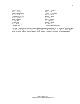 Design Examples V14.0
AMERICAN INSTITUTE OF STEEL CONSTRUCTION
iv
Lanny J. Flynn
Patrick J. Fortney
Louis F. Geschwindner
W. Scott Goodrich
Christopher M. Hewitt
W. Steven Hofmeister
Bill R. Lindley, II
Ronald L. Meng
Larry S. Muir
Thomas M. Murray
Charles R. Page
Davis G. Parsons, II
Rafael Sabelli
Clifford W. Schwinger
William N. Scott
William T. Segui
Victor Shneur
Marc L. Sorenson
Gary C. Violette
Michael A. West
Ronald G. Yeager
Cynthia J. Duncan, Secretary
The AISC Committee on Manuals gratefully acknowledges the contributions of the following individuals who
assisted in the development of this document: Leigh Arber, Eric Bolin, Janet Cummins, Thomas Dehlin, William
Jacobs, Richard C. Kaehler, Margaret Matthew, Heath Mitchell, Thomas J. Schlafly, and Sriramulu Vinnakota.
 