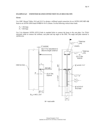 Design Examples V14.0
AMERICAN INSTITUTE OF STEEL CONSTRUCTION
K-19
EXAMPLE K.5 STIFFENED SEATED CONNECTION TO AN HSS COLUMN
Given:
Use AISC Manual Tables 10-8 and 10-15 to design a stiffened seated connection for an ASTM A992 W21×68
beam to an ASTM A500 Grade B HSS14×14×2 column. Use the following vertical shear loads:
PD = 20.0 kips
PL = 60.0 kips
Use w-in.-diameter ASTM A325-N bolts in standard holes to connect the beam to the seat plate. Use 70-ksi
electrode welds to connect the stiffener, seat plate and top angle to the HSS. The angle and plate material is
ASTM A36.
Return to Table of Contents
 