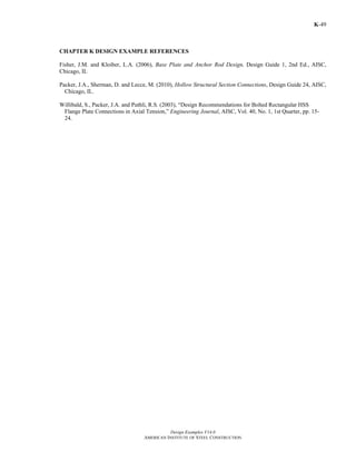 Design Examples V14.0
AMERICAN INSTITUTE OF STEEL CONSTRUCTION
K-49
CHAPTER K DESIGN EXAMPLE REFERENCES
Fisher, J.M. and Kloiber, L.A. (2006), Base Plate and Anchor Rod Design, Design Guide 1, 2nd Ed., AISC,
Chicago, IL
Packer, J.A., Sherman, D. and Lecce, M. (2010), Hollow Structural Section Connections, Design Guide 24, AISC,
Chicago, IL.
Willibald, S., Packer, J.A. and Puthli, R.S. (2003), “Design Recommendations for Bolted Rectangular HSS
Flange Plate Connections in Axial Tension,” Engineering Journal, AISC, Vol. 40, No. 1, 1st Quarter, pp. 15-
24.
Return to Table of Contents
 
