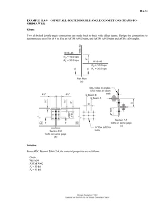 Design Examples V14.0
AMERICAN INSTITUTE OF STEEL CONSTRUCTION
IIA-34
EXAMPLE II.A-9 OFFSET ALL-BOLTED DOUBLE-ANGLE CONNECTIONS (BEAMS-TO-
GIRDER WEB)
Given:
Two all-bolted double-angle connections are made back-to-back with offset beams. Design the connections to
accommodate an offset of 6 in. Use an ASTM A992 beam, and ASTM A992 beam and ASTM A36 angles.
Solution:
From AISC Manual Table 2-4, the material properties are as follows:
Girder
W18×50
ASTM A992
Fy = 50 ksi
Fu = 65 ksi
Return to Table of Contents
 