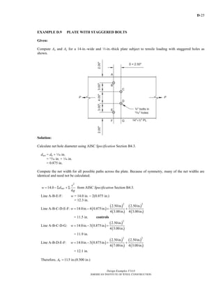 D-25
Design Examples V14.0
AMERICAN INSTITUTE OF STEEL CONSTRUCTION
EXAMPLE D.9 PLATE WITH STAGGERED BOLTS
Given:
Compute An and Ae for a 14-in.-wide and 2-in.-thick plate subject to tensile loading with staggered holes as
shown.
Solution:
Calculate net hole diameter using AISC Specification Section B4.3.
dnet = dh + z in.
= m in. + z in.
= 0.875 in.
Compute the net width for all possible paths across the plate. Because of symmetry, many of the net widths are
identical and need not be calculated.
2
14.0
4
net
s
w d
g
= − Σ + Σ from AISC Specification Section B4.3.
Line A-B-E-F: w = 14.0 in. − 2(0.875 in.)
= 12.3 in.
Line A-B-C-D-E-F: ( )
( )
( )
( )
( )
2 2
2.50in. 2.50in.
14.0in. 4 0.875in.
4 3.00in. 4 3.00in.
w = − + +
= 11.5 in. controls
Line A-B-C-D-G: ( )
( )
( )
2
2.50in.
14.0in. 3 0.875in.
4 3.00in.
w = − +
= 11.9 in.
Line A-B-D-E-F: ( )
( )
( )
( )
( )
2 2
2.50in. 2.50in.
14.0in. 3 0.875in.
4 7.00in. 4 3.00in.
w = − + +
= 12.1 in.
Therefore, 11.5 in.(0.500 in.)nA =
Return to Table of Contents
 