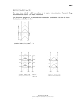 III-80
Design Examples V14.0
AMERICAN INSTITUTE OF STEEL CONSTRUCTION
BRACED FRAME ANALYSIS
The braced frames at Grids 1 and 8 were analyzed for the required load combinations. The stability design
requirements from Chapter C were applied to this system.
The model layout, nominal dead, live, and snow loads with associated notional loads, wind loads and seismic
loads are shown in the figures below:
Return to Table of Contents
 