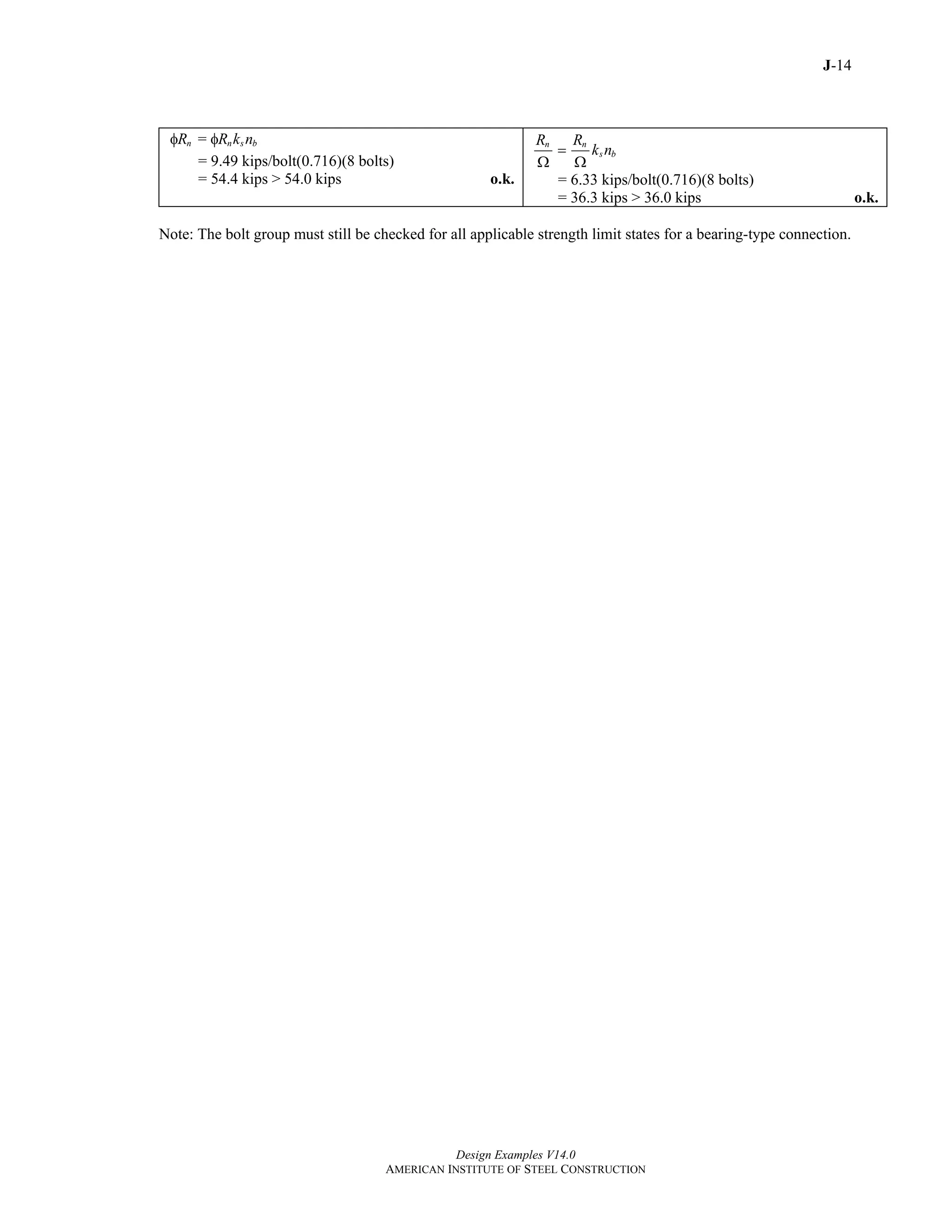 J-14
Design Examples V14.0
AMERICAN INSTITUTE OF STEEL CONSTRUCTION
=n n s bR R k nφ φ
= 9.49 kips/bolt(0.716)(8 bolts)
= 54.4 kips > 54.0 kips o.k.
n n
s b
R R
k n=
Ω Ω
= 6.33 kips/bolt(0.716)(8 bolts)
= 36.3 kips > 36.0 kips o.k.
Note: The bolt group must still be checked for all applicable strength limit states for a bearing-type connection.
Return to Table of Contents
 