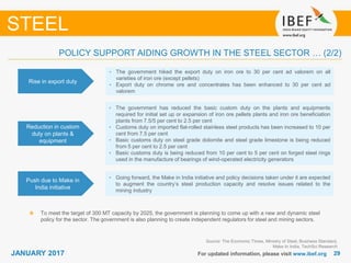 2929JANUARY 2017 For updated information, please visit www.ibef.org
Rise in export duty
• The government hiked the export duty on iron ore to 30 per cent ad valorem on all
varieties of iron ore (except pellets)
• Export duty on chrome ore and concentrates has been enhanced to 30 per cent ad
valorem
STEEL
POLICY SUPPORT AIDING GROWTH IN THE STEEL SECTOR … (2/2)
Source: The Economic Times, Ministry of Steel, Business Standard,
Make In India, TechSci Research
Reduction in custom
duty on plants &
equipment
• The government has reduced the basic custom duty on the plants and equipments
required for initial set up or expansion of iron ore pellets plants and iron ore beneficiation
plants from 7.5/5 per cent to 2.5 per cent
• Customs duty on imported flat-rolled stainless steel products has been increased to 10 per
cent from 7.5 per cent
• Basic customs duty on steel grade dolomite and steel grade limestone is being reduced
from 5 per cent to 2.5 per cent
• Basic customs duty is being reduced from 10 per cent to 5 per cent on forged steel rings
used in the manufacture of bearings of wind-operated electricity generators
Push due to Make in
India initiative
• Going forward, the Make in India initiative and policy decisions taken under it are expected
to augment the country’s steel production capacity and resolve issues related to the
mining industry
To meet the target of 300 MT capacity by 2025, the government is planning to come up with a new and dynamic steel
policy for the sector. The government is also planning to create independent regulators for steel and mining sectors.
 