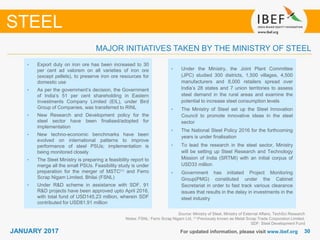 3030JANUARY 2017 For updated information, please visit www.ibef.org
MAJOR INITIATIVES TAKEN BY THE MINISTRY OF STEEL
STEEL
• Export duty on iron ore has been increased to 30
per cent ad valorem on all varieties of iron ore
(except pellets), to preserve iron ore resources for
domestic use
• As per the government’s decision, the Government
of India’s 51 per cent shareholding in Eastern
Investments Company Limited (EIL), under Bird
Group of Companies, was transferred to RINL
• New Research and Development policy for the
steel sector have been finalised/adopted for
implementation
• New techno-economic benchmarks have been
evolved on international patterns to improve
performance of steel PSUs; implementation is
being monitored closely
• The Steel Ministry is preparing a feasibility report to
merge all the small PSUs. Feasibility study is under
preparation for the merger of MSTC(1) and Ferro
Scrap Nigam Limited, Bhilai (FSNL)
• Under R&D scheme in assistance with SDF, 91
R&D projects have been approved upto April 2016,
with total fund of USD145.23 million, wherein SDF
contributed for USD81.91 million
• Under the Ministry, the Joint Plant Committee
(JPC) studied 300 districts, 1,500 villages, 4,500
manufacturers and 8,000 retailers spread over
India’s 28 states and 7 union territories to assess
steel demand in the rural areas and examine the
potential to increase steel consumption levels
• The Ministry of Steel set up the Steel Innovation
Council to promote innovative ideas in the steel
sector
• The National Steel Policy 2016 for the forthcoming
years is under finalisation
• To lead the research in the steel sector, Ministry
will be setting up Steel Research and Technology
Mission of India (SRTMI) with an initial corpus of
USD33 million
• Government has initiated Project Monitoring
Group(PMG) constituted under the Cabinet
Secretariat in order to fast track various clearance
issues that results in the delay in investments in the
steel industry
Source: Ministry of Steel, Ministry of External Affairs, TechSci Research
Notes: FSNL: Ferro Scrap Nigam Ltd, (1) Previously known as Metal Scrap Trade Corporation Limited,
SDF: Steel Development Fund
 