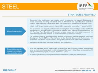 2222MARCH 2017 For updated information, please visit www.ibef.org
STRATEGIES ADOPTED
STEEL
Source: CCI, Ministry of External Affairs
• Companies in the steel industry are investing heavily in expanding their capacity. Major public &
private companies, including Tata Steel, SAIL & JSW Steel, are expanding their production
capacity. Steel production is expected to reach 200 mtpa by 2020 compared to 91.46 mtpa in 2015
• India is the 3rd-largest steel producer in the world & is expected to become the 2nd largest by 2016
• The government has stepped up infrastructure spending from the current 5 per cent of GDP to 10
per cent by 2017, and the country is committed to investing USD1 trillion in infrastructure during the
12th Five Year Plan. Considering 15 per cent as steel component in the total investment, the
initiative has a potential to generate an additional demand for steel of 18.75mtpa
• The Ministry of Steel is encouraging R&D activities by providing financial assistance from Steel
Development Fund (SDF) & Plan Scheme of the Central Government. Furthermore, the
government has allowed 100 per cent FDI through the automatic route in the Indian steel sector
• A long term perspective is to achieve capacity of 300 mtpa by 2025
Capacity expansion
• In the last few years, rapid & stable growth in demand has also prompted domestic entrepreneurs
to set up fresh greenfield projects in different states of the country. Mittal Steel announced two 12
mtpa greenfield steel projects, 1 each in Jharkhand & Orissa
• As India surges ahead in building infrastructure, investments in steel pave the way ahead
Greenfield projects –
focus on downstream
value-added products
 