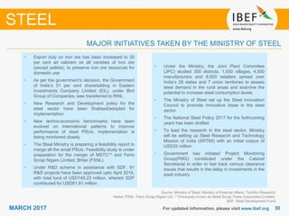 3030MARCH 2017 For updated information, please visit www.ibef.org
MAJOR INITIATIVES TAKEN BY THE MINISTRY OF STEEL
STEEL
• Export duty on iron ore has been increased to 30
per cent ad valorem on all varieties of iron ore
(except pellets), to preserve iron ore resources for
domestic use
• As per the government’s decision, the Government
of India’s 51 per cent shareholding in Eastern
Investments Company Limited (EIL), under Bird
Group of Companies, was transferred to RINL
• New Research and Development policy for the
steel sector have been finalised/adopted for
implementation
• New techno-economic benchmarks have been
evolved on international patterns to improve
performance of steel PSUs; implementation is
being monitored closely
• The Steel Ministry is preparing a feasibility report to
merge all the small PSUs. Feasibility study is under
preparation for the merger of MSTC(1) and Ferro
Scrap Nigam Limited, Bhilai (FSNL)
• Under R&D scheme in assistance with SDF, 91
R&D projects have been approved upto April 2016,
with total fund of USD145.23 million, wherein SDF
contributed for USD81.91 million
• Under the Ministry, the Joint Plant Committee
(JPC) studied 300 districts, 1,500 villages, 4,500
manufacturers and 8,000 retailers spread over
India’s 28 states and 7 union territories to assess
steel demand in the rural areas and examine the
potential to increase steel consumption levels
• The Ministry of Steel set up the Steel Innovation
Council to promote innovative ideas in the steel
sector
• The National Steel Policy 2017 for the forthcoming
years has been drafted
• To lead the research in the steel sector, Ministry
will be setting up Steel Research and Technology
Mission of India (SRTMI) with an initial corpus of
USD33 million
• Government has initiated Project Monitoring
Group(PMG) constituted under the Cabinet
Secretariat in order to fast track various clearance
issues that results in the delay in investments in the
steel industry
Source: Ministry of Steel, Ministry of External Affairs, TechSci Research
Notes: FSNL: Ferro Scrap Nigam Ltd, (1) Previously known as Metal Scrap Trade Corporation Limited,
SDF: Steel Development Fund
 