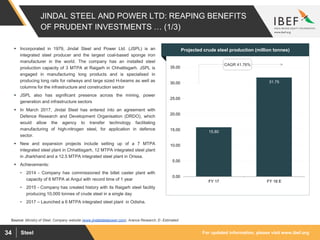 For updated information, please visit www.ibef.orgSteel34
JINDAL STEEL AND POWER LTD: REAPING BENEFITS
OF PRUDENT INVESTMENTS … (1/3)
15.80
31.75
0.00
5.00
10.00
15.00
20.00
25.00
30.00
35.00
FY 17 FY 18 E
 Incorporated in 1979, Jindal Steel and Power Ltd. (JSPL) is an
integrated steel producer and the largest coal-based sponge iron
manufacturer in the world. The company has an installed steel
production capacity of 3 MTPA at Raigarh in Chhattisgarh. JSPL is
engaged in manufacturing long products and is specialised in
producing long rails for railways and large sized H-beams as well as
columns for the infrastructure and construction sector
 JSPL also has significant presence across the mining, power
generation and infrastructure sectors
 In March 2017, Jindal Steel has entered into an agreement with
Defence Research and Development Organisation (DRDO), which
would allow the agency to transfer technology facilitating
manufacturing of high-nitrogen steel, for application in defence
sector.
 New and expansion projects include setting up of a 7 MTPA
integrated steel plant in Chhattisgarh, 12 MTPA integrated steel plant
in Jharkhand and a 12.5 MTPA integrated steel plant in Orissa.
 Achievements:
• 2014 - Company has commissioned the billet caster plant with
capacity of 6 MTPA at Angul with record time of 1 year
• 2015 - Company has created history with its Raigarh steel facility
producing 10,000 tonnes of crude steel in a single day
• 2017 – Launched a 6 MTPA integrated steel plant in Odisha.
Visakhapatnam port traffic (million tonnes)Projected crude steel production (million tonnes)
CAGR 41.76%
Source: Ministry of Steel, Company website (www.jindalsteelpower.com), Aranca Research; E- Estimated
 