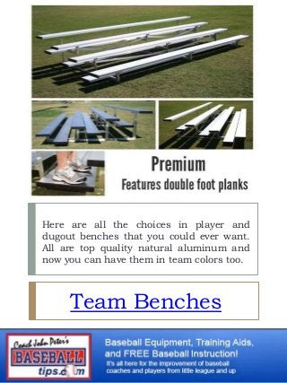 Here are all the choices in player and
dugout benches that you could ever want.
All are top quality natural aluminum and
now you can have them in team colors too.
Team Benches
 