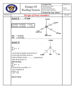 Design Of
Roofing System
Designed By: Sheet5/74
Date:
18/1/2018
Abdirahman Farah Ainab
Yasin Said Mohamed
Mohamed Ahmed Mohamed
Mohamed Abdinour Mohamud
Checked By: Eng. Sabaax
Reference
Design of truss members Remark
∑ y
∑
Joint E… …Cont
0.256FEF -0.256FEG = 41.65
0.961FEG + 0.96FEF = - 72.57
FEG = 37.8 (T)
FEF = 113.3 (C)
Joint G
-41.65-FGE-sin16FGI-sin16(37.8)=0
-41.65-FGE-0.275FGI-10.41=0
-FGE-0.275FGI= ……………… Equation
-FGE-10.38-52.06 =0
FGE=62.44(c)
Cos16(37.8)+cos16FGI = 0
-36.3+0.96FGI=0
=
FGI=37.76(T)
 