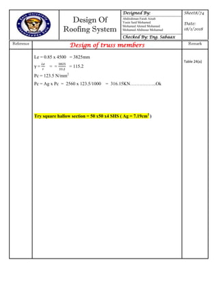 Design Of
Roofing System
Designed By: Sheet8/74
Date:
18/1/2018
Abdirahman Farah Ainab
Yasin Said Mohamed
Mohamed Ahmed Mohamed
Mohamed Abdinour Mohamud
Checked By: Eng. Sabaax
Reference
Design of truss members Remark
Le = 0.85 x 4500 = 3825mm
= = = = 115.2
Pc = 123.5 N/mm2
Pc = Ag x Pc = 2560 x 123.5/1000 = 316.15KN……………..Ok
Try square hallow section = 50 x50 x4 SHS ( Ag = 7.19cm2
)
Table 24(a)
 